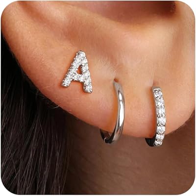 Ritach Gold Earrings for Women Girls - 3 Pairs GoldSilverRose Gold Hoop Earrings for Women Girls CZ Initial Stud Earrings for Girls Hypoallergenic Earrings Set for Multiple Piercing