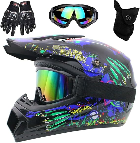 DOT Certified Full Face Dirt Bike Helmet for Kids Youth Adults Motocross Helmet with Mask Goggles Gloves Set(Blue claw,S(52-53cm))