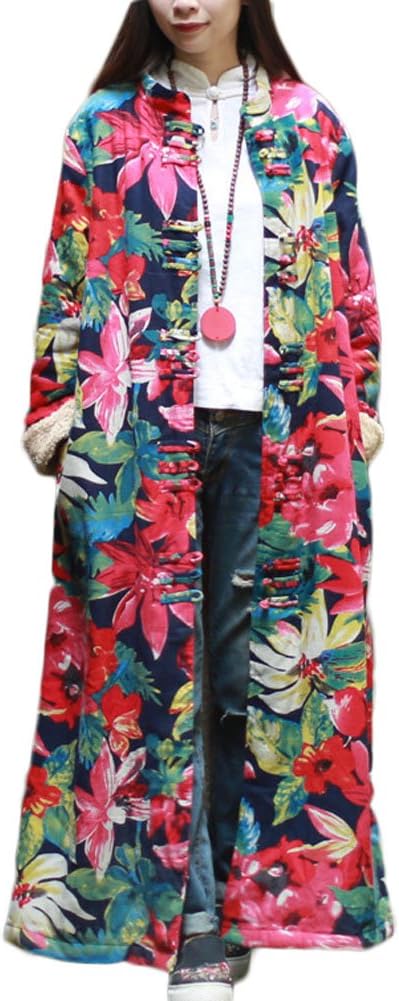 LZJN Women Floral Print Trench Coat Casual Long Jacket Fluff Inside