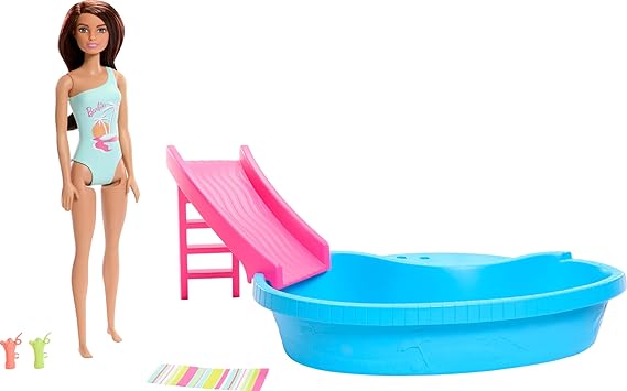 Barbie Doll &amp; Pool Playset, Brunette in Seafoam Blue One-Piece Swimsuit with Pool, Slide, Towel &amp; Drink Accessories