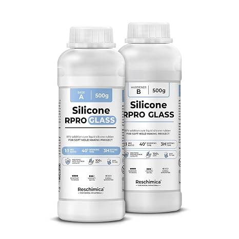 R PRO GLASS Silicone Rubber Liquid 1:1 - Transparent Moulding Silicone Soft & Non-Toxic Duplicating Silicone for Mould Making Resin Model Making & DIY (1 kg)