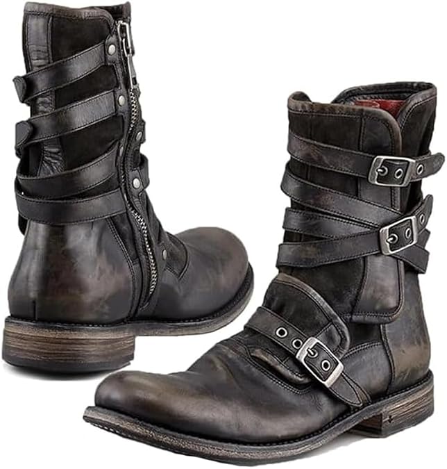 Riding Boots, Steampunk Retro PU Leather Knight Boots with 3 Buckles, Outdoor Fashion Ankle Boot Shoes for Men Daily Wear,Black,44 EU