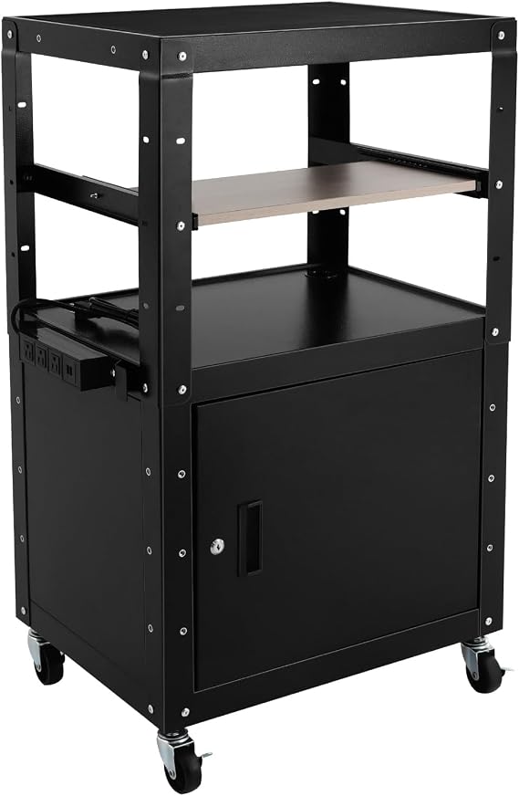 AV Cart with Locking Cabinet Height Adjustable Audio-Visual Media Cart Computer Cart with Wheels Utility Cart for Classrooms Offices Computer Rooms(24 x 18 x 41 inch Black)