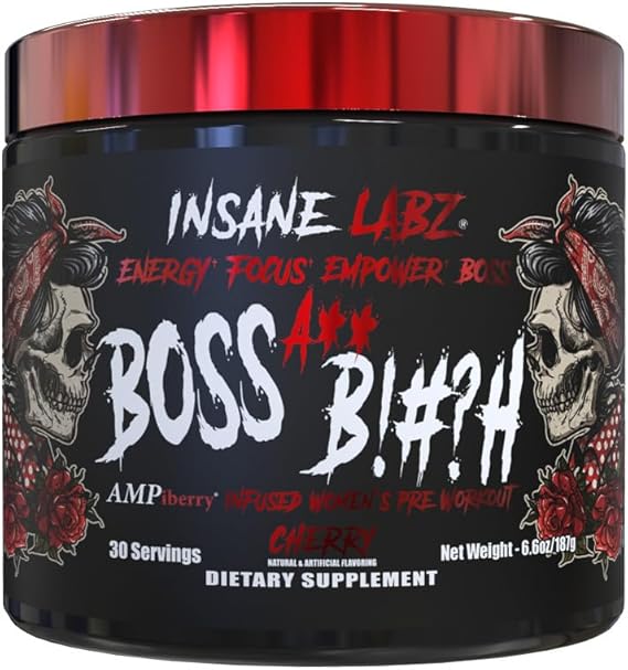 Insane Labz Boss A** B!#?h Preworkout Made by Women for Women with Collagen, Raspberry Ketones, Beta-Alanine, Caffeine for Insane Energy and Maximum Performance(30 Servings, Cherry)