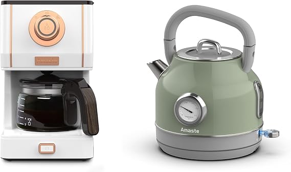 Amaste White Coffee Maker & Green Retro Electric Kettle Set