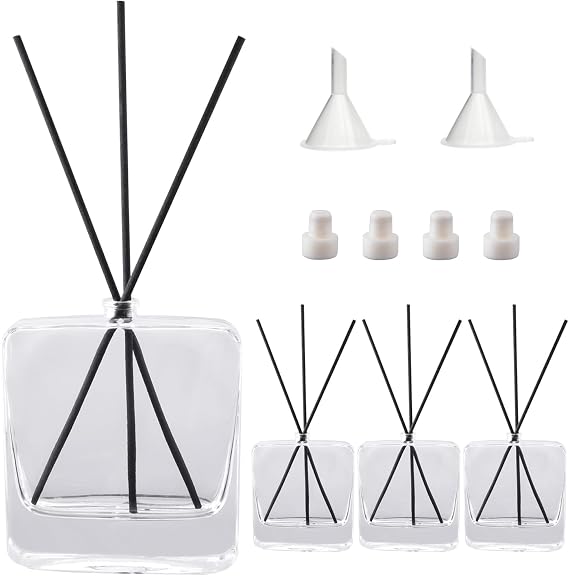 4PCS Empty Narrow Neck Glass Diffuser Bottles,100ML/3.5Oz Refillable Fragrance Set with 20pcs Reeds Sticks & Rubber Stopper & Funnels for DIY Essential Oil