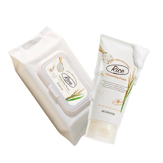 SKINFOOD Rice Daily Cleansing Foam & Rice Cleansing Tissue Bundle, Korean Rice Facial Cleansing Set, Foaming Face Wash and Makeup Remover Tissues, Gentle Daily Cleanser, Rice-Based Skincare
