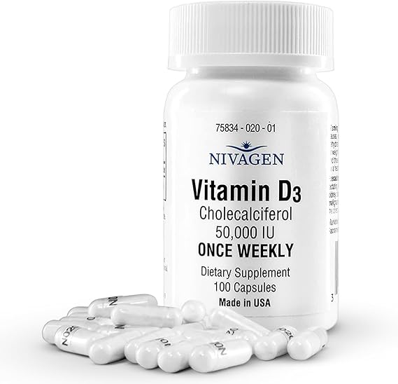 Nivagen Vitamin D3 50,000 IU 1250 mcg | Once Weekly Dose | 100 Capsules 100 Weeks, Approx. 2 Years Supply | Easy to Swallow | Bone, Muscle & Immune Support | Non-GMO, Gluten Free | Made in USA