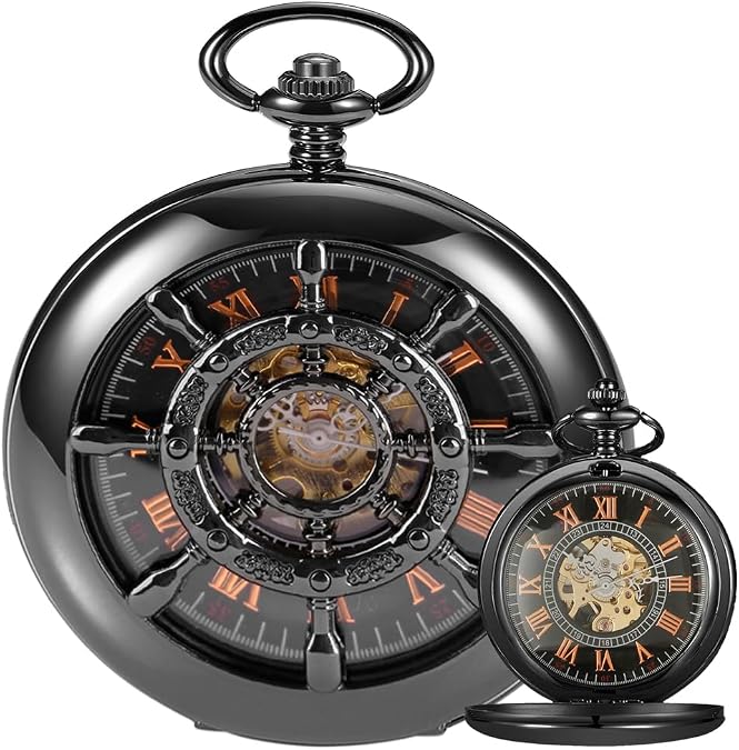 Men's Mechanical Hollow Rudder Design Hand Wind Pocket Watch Roman Numerals Steampunk with Chain Box