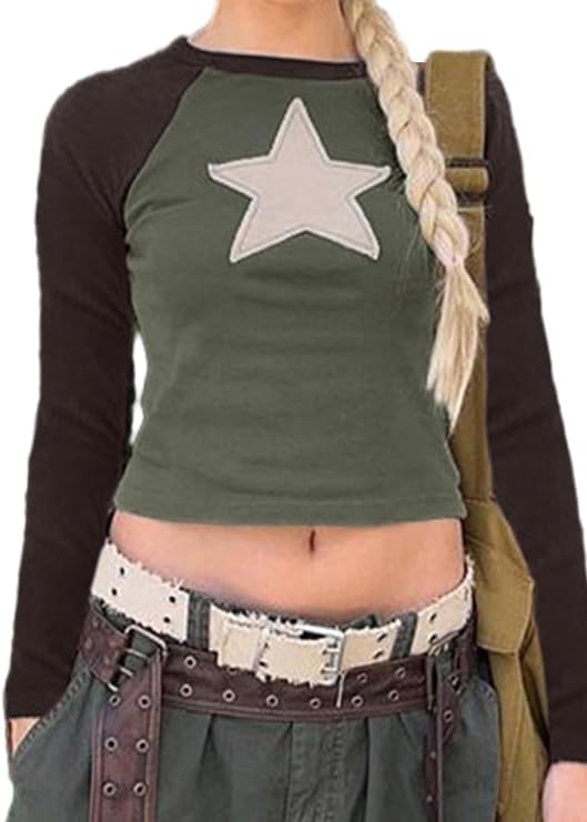 Felcia Women Vintage Star Pattern Stripes Patchwork T Shirts Long Sleeve Slim Fit Fall Tops Casual Y2K Streetwear