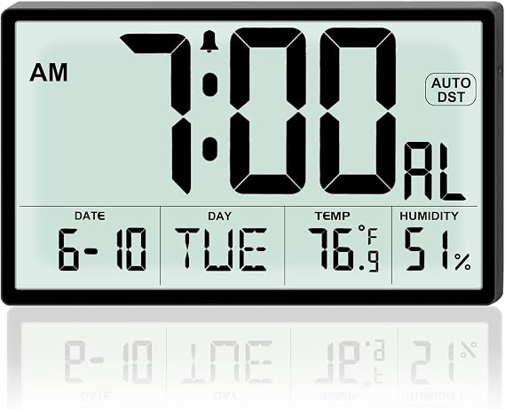 9" Narrow Bezel Digital Wall Clock, Auto Backlight Large Digits, Temp Humidity Auto DST Dual Power Alarm Clock Black