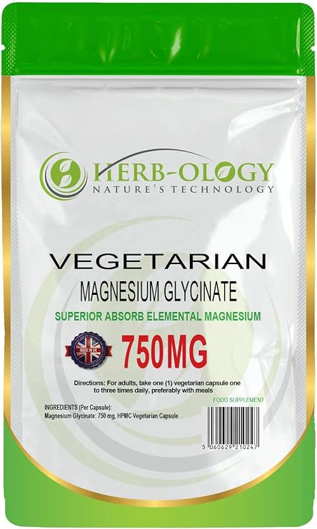 HB Magnesium Glycinate Capsules | 120 Vegan Capsules | Magnesium Bisglycinate Supplements | 750mg per Capsule | Highly Bioavailable, Dairy Free & Manufactured in The UK