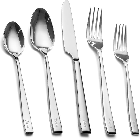 Personalized 20-piece Silverware Set, EIUBUIE Custom Engraved Premium Stainless Steel Cutlery Sets, Mirror Polished Flatware Set, Modern Kitchen Eating Utensils Sets Include Spoons Forks Knives