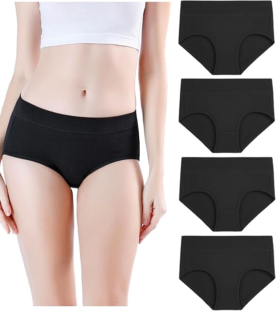 wirarpa Women's Underwear Cotton Mid Waisted Ladies Panties Full Coverage Briefs 4 Pack (Regular & Plus Size)