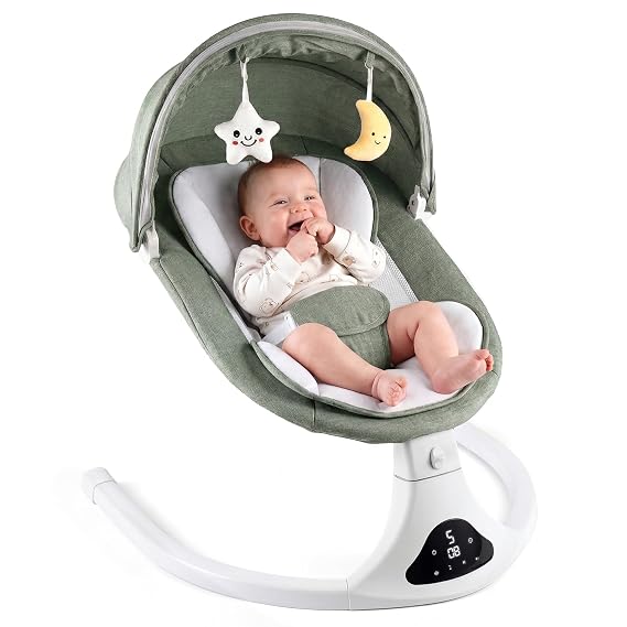 Electric Baby Swing with Remote Control,5 Speeds&Portable&Cozy(0-12M,Green)