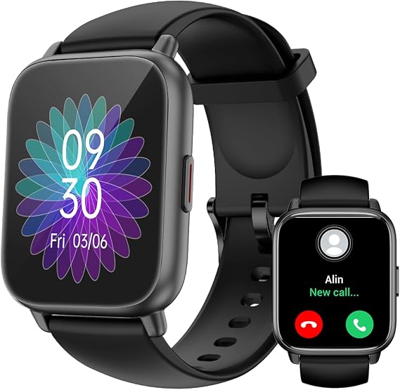 RUIMEN Smart Watches for Men Women (Answer/Make Calls), 1.8" Smartwatch for iOS/Android Phones, Fitness Tracker Watch with Heart Rate/Sleep Monitor Pedometer Waterproof (2 Bands Included), Black