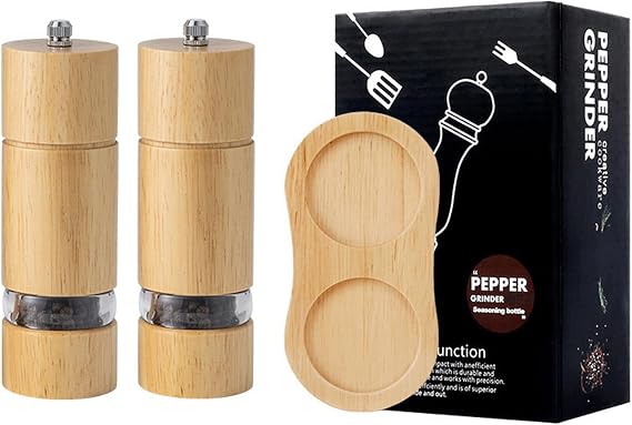 Wooden Salt and Pepper Grinders Set Mill with Tray Adjustable Ceramic Grinder Coarseness Refillable Manual Pepper Grinders with Transparent Window Oak Wood (6 inches Wood color)