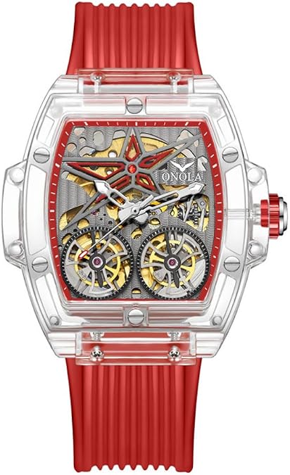Fashion Transparent Case Automatic Mechanical Watches for Men Hollow Skeleton Double Flying Wheel Unique Watch Waterproof Silicone Strap Mens Wristwatch