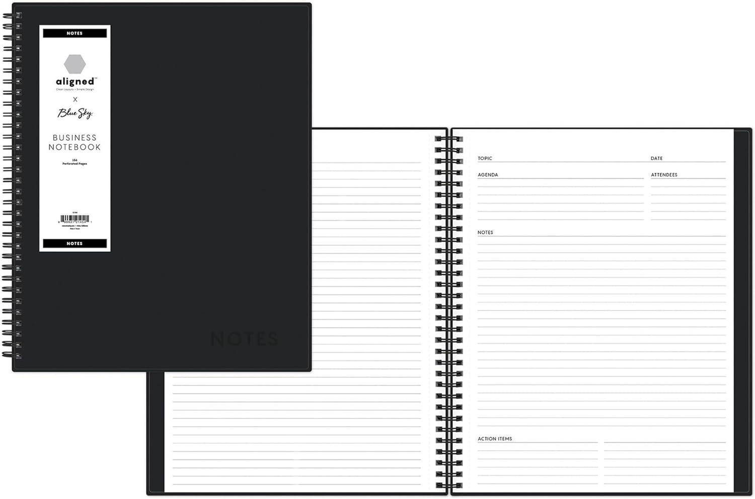 Blue Sky Aligned Notes Professional Business Notebook, Flexible Cover, Twin-Wire Binding, Perforated Pages, 8.5 x 11, Black