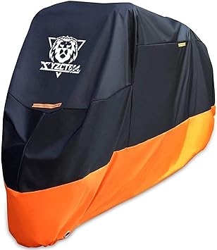 XYZCTEM Motorcycle Cover All Season Waterproof Outdoor Protection Fit up to 116 inch Tour Bikes, Choppers and Cruisers Protect Against Dust, Debris, Rain and Weather(L,Black& Orange)
