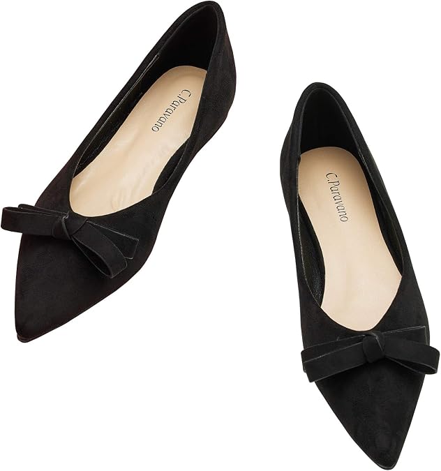 C.Paravano Women's Suede Bow Knot Ballet Flats Pointed Toe Slip-On Comfort Shoes for Casual & Formal Wear(Black,Size 8.5)