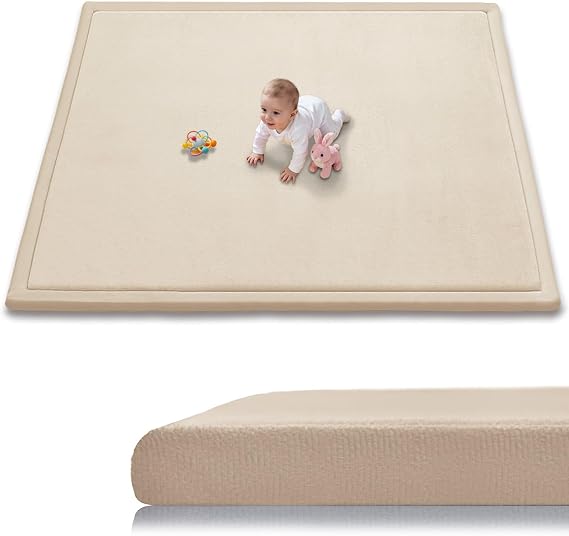 Baby Play Mat for Floor, 1.3 Inch Thick Memory Foam Tummy Time Mat with Non Slip Backing, Soft Coral Velvet 5050 Inch Playpen Mat Crawling Tatami for Infants Toddlers Kids, Beige