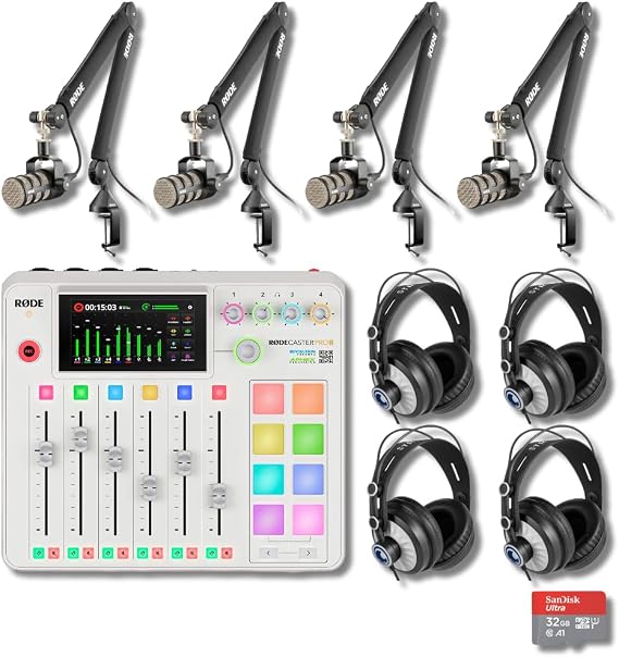 Rode RODECaster Pro II White Bundle with 4x PodMic Mics, 4 PSA1+ Black Boom Arms, 4 Cans50 Headphones, XLR 9-Channel APHEX Console for Podcasting, Streaming, Broadcasting, Voice Over