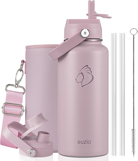 BUZIO Insulated Water Bottle 1L Stainless Steel with Straw & Spout Lid