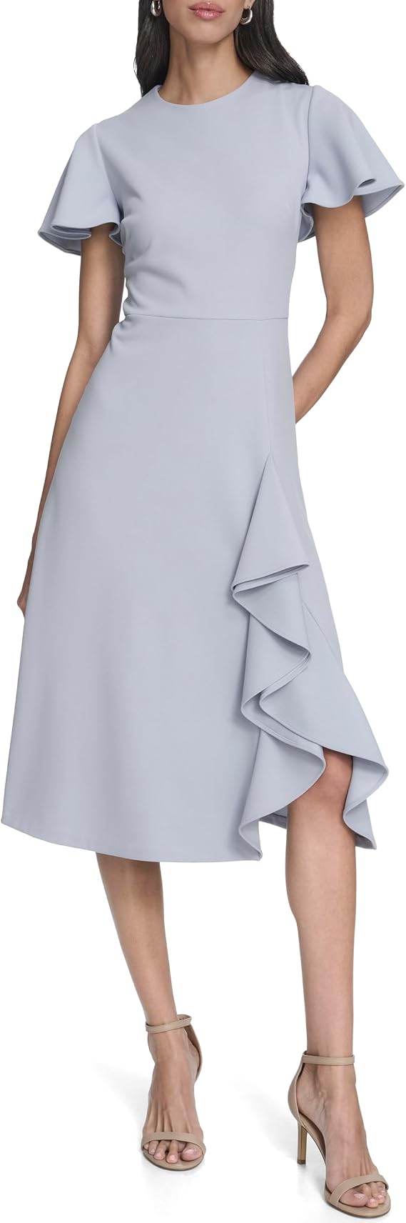 Calvin Klein Women's Shirt Flutter Sleeve Crepe A-line Ruffle Hem Dress