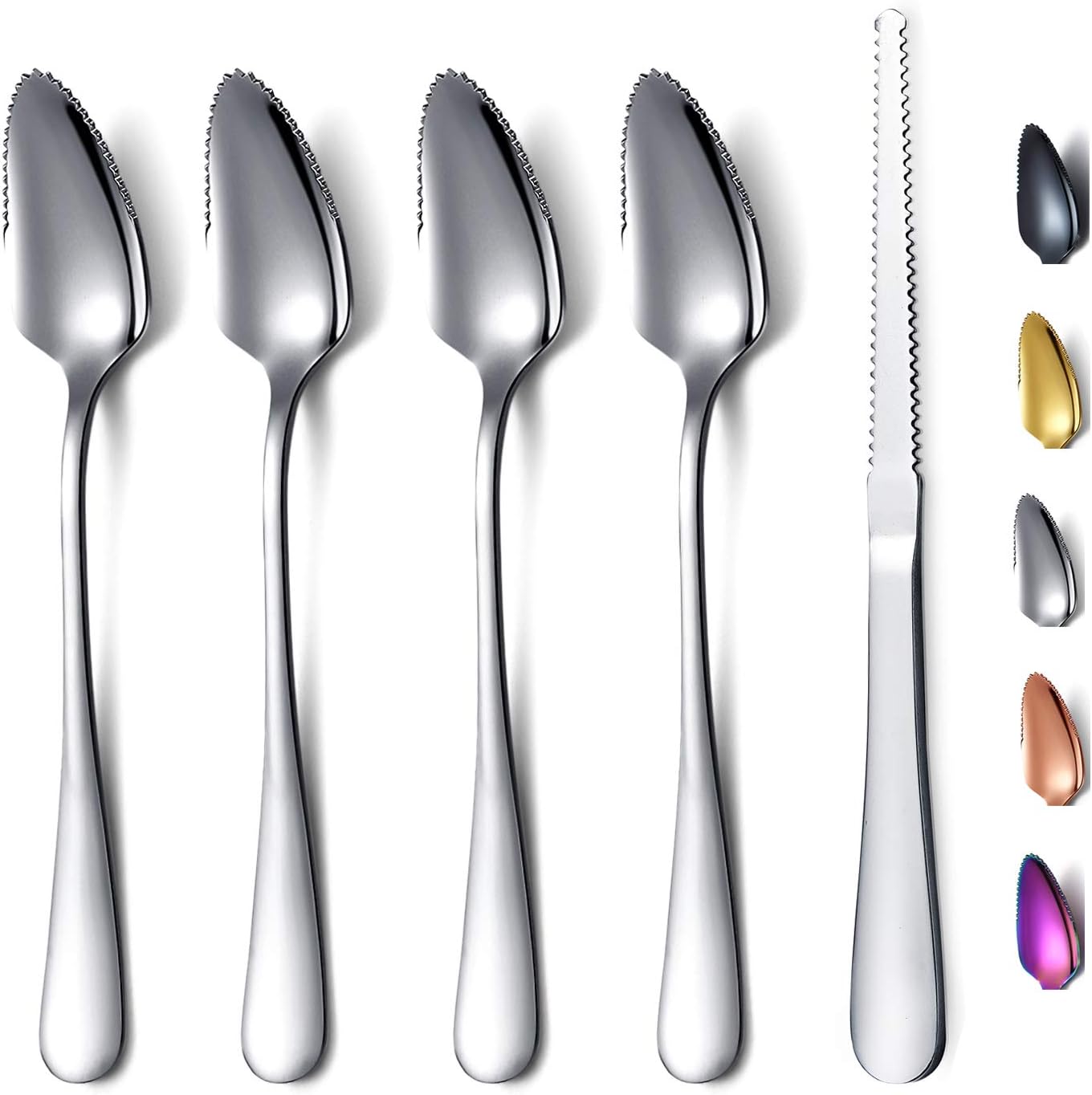 HOMQUEN Grapefruit Spoons 5 Pieces Set, 4 Stainless Steel Spoon and 1 Knife with Titanium Plating, Utensil Serrated Edges Pack of (Silver)