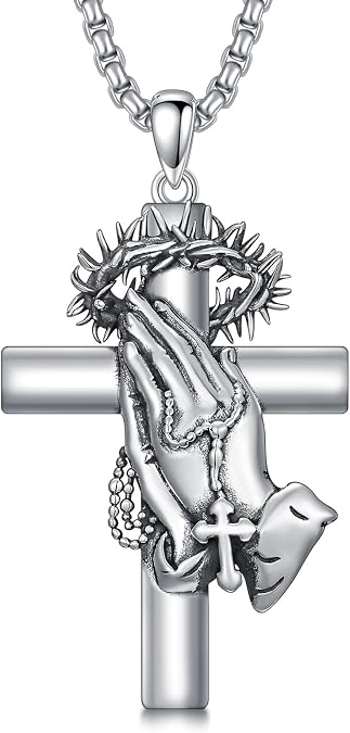 PROESS Praying Hands/Angel/Sword Wings Cross Necklace 925 Sterling Silver Cross Pendant Cremation Jewelry Religious Gifts for Men Christian