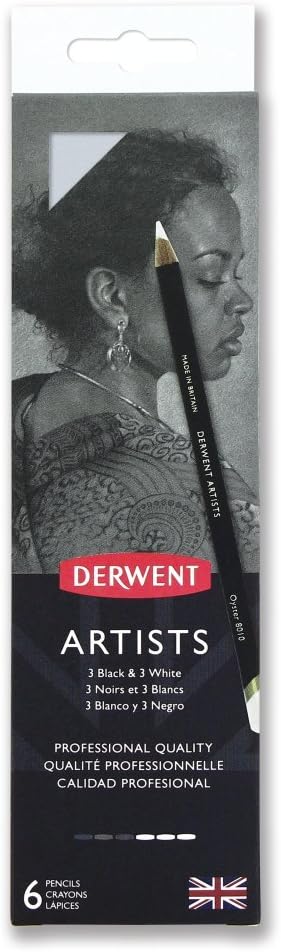 Derwent Artists Black & White Colouring Pencils With Sharpener, Drawing & Colouring, Set Of 6, Ideal For Layering & Blending, Professional Quality, 2302342