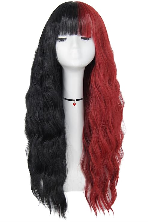 Mildiso Red and Black Wigs for Women 26 Long Curly Wavy Hair Wig with Bangs Natural Cute Synthetic Wig with Wig Cap for Party Halloween M062BKR