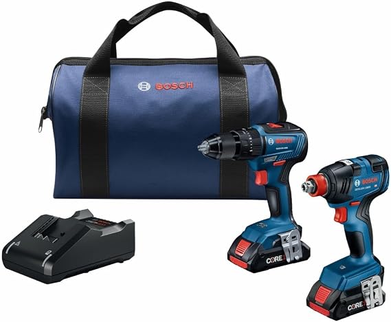Bosch GXL18V-233B25 18V 2-Tool Combo Kit with 1/2 In. Hammer Drill/Driver, Two-In-One 1/4 In. and 1/2 In. Bit/Socket Impact Driver/Wrench and (2) CORE18V 4 Ah Advanced Power Batteries