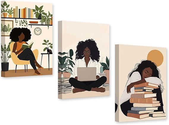 DOARTDO African American Boho Wall Art Black Girl Canvas Painting 3 Pieces Black Woman Reading Book Pictures Print Library Bedroom Office Decor Frame (12x16inchx3Pcs)