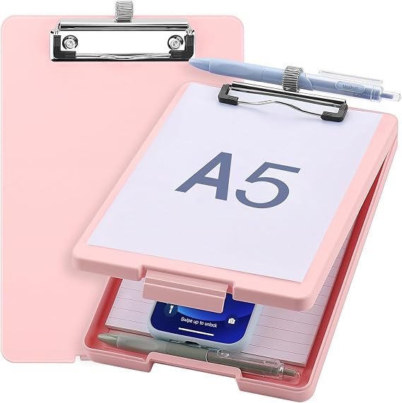 Meiikun Small Clipboard with Storage, 6x9 Light Pink Plastic Clip Board