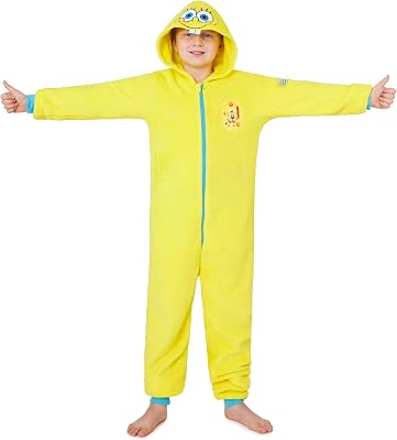 SPONGEBOB SQUAREPANTS One-Piece Pajamas for Kids, 5‑14 years, Hooded Fleece Jumpsuit, Loungewear, Gifts for Girls, Boys