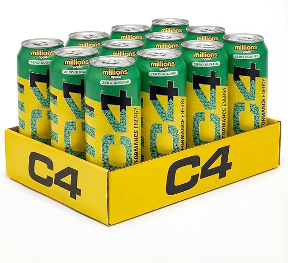 C4 Performance Energy Drinks Millions Apple 500ml (12 pack), Sugar Free Energy Drink with 160mg Caffeine, 250mg Betaine, 1050mg Taurine, Low Calorie Fizzy Drinks for On the Go Energy and Focus