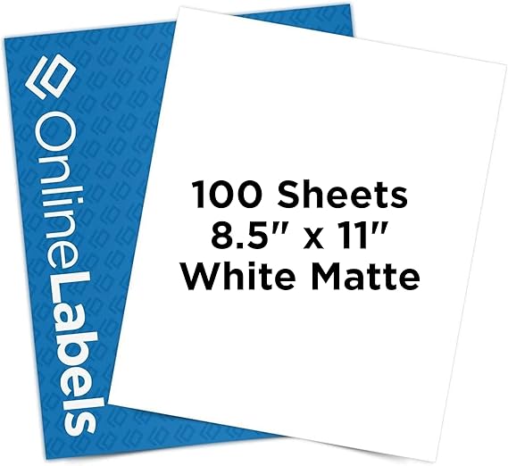 OnlineLabels 8.5" x 11" Full Sheet Sticker Paper Permanent Adhesive, White Matte Works With Cricut & Silhouette for Inkjet & Laser Printers Pack of 100 Sheets OL177WX