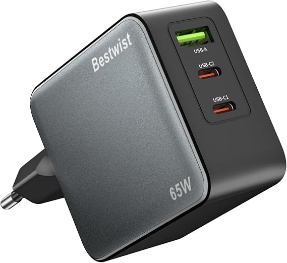 Bestwist 65 W USB-C Charger Power Supply Triple Fast Charger with 2 x USB-C & 1 x USB‑A (PD/PPS/QC4+) Compact for iPhone 16/15/14 Samsung S24/S23/S22 MacBook iPad Pixel Dell HP etc. - Black