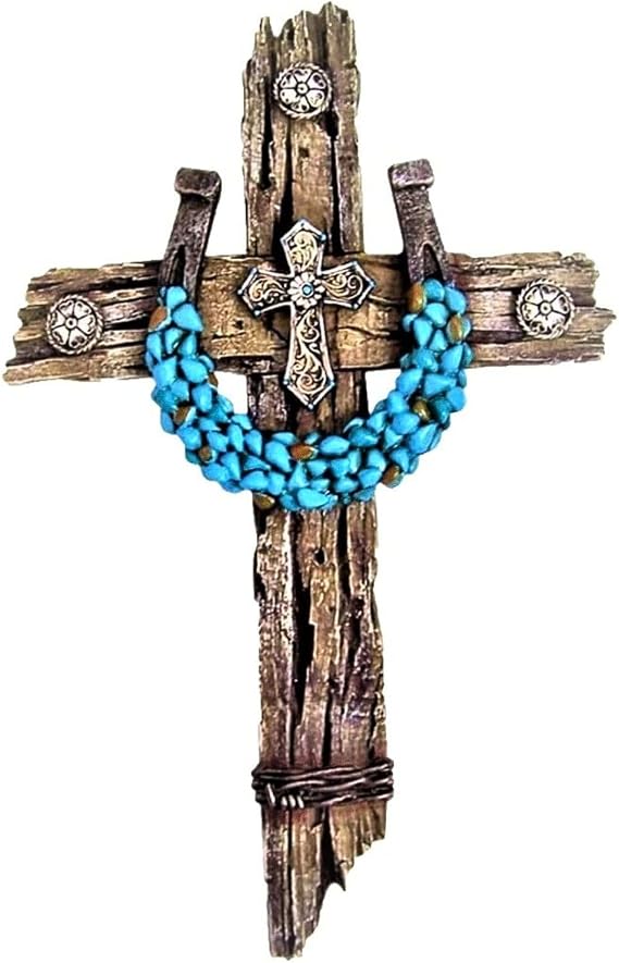 Rustic Drifted Wood Look Wall Cross - Turquoise Decor Horseshoe Wall Art