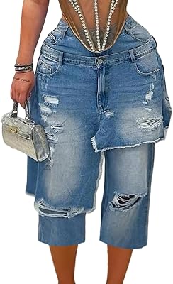 Ecirod Womens High Waisted Ripped Jean Shorts Boyfriend Baggy Wide Leg Frayed Patchwork Denim Shorts Streetwear