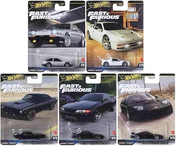 Hot Wheels Fast & Furious Die-Cast Cars Collection Bundle, 5 Vehicles, Toyota AE86, Ford RS200, Plymouth AAR Cuda, Nissan Skyline GT-R, Honda NSX-R HNW46-956E