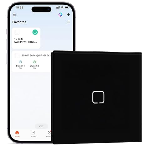 Smart WiFi Light Switch,Intelligent Touch Wall Switch for Smart Home,Compatible with Alexa,Google Home(Via Tuya/Smart Life App),86 * 86mm 1 Gang,Black(Neutral Wire Required)
