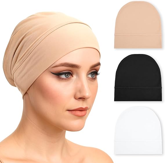 3 PCS Hijab Undercap Non Slip Under Caps for Hijab Non Slip Women Undercap Under Scarf Hijabs Cap Beige, Black, White
