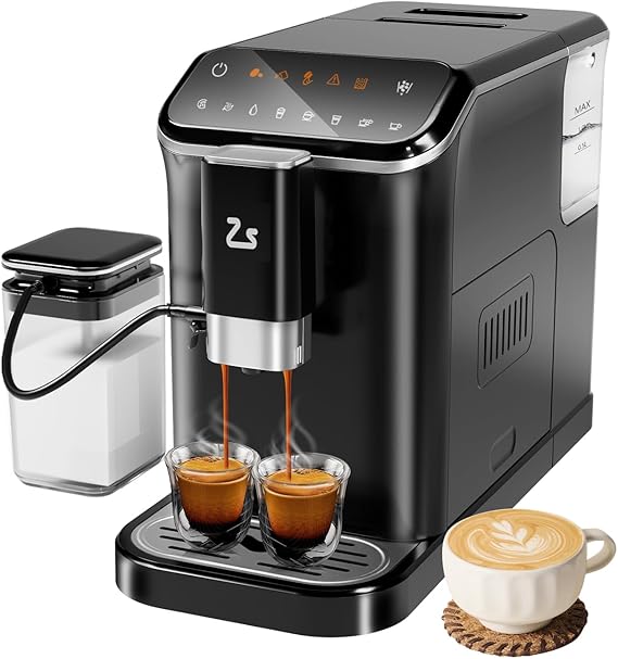 Fully Automatic Espresso Machine with Automatic Milk Frother, 20 Bar Espresso & Coffee Machine, Built-In & Adjustable Espresso Bean Grinder, Touch Screen Coffee Machine with 1.5L Water Tank
