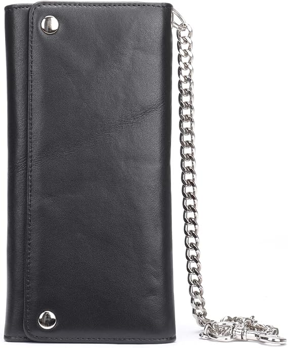 NIUCUNZH Genuine Leather Mens Wallet with Chain RFID Trifold Biker Wallet