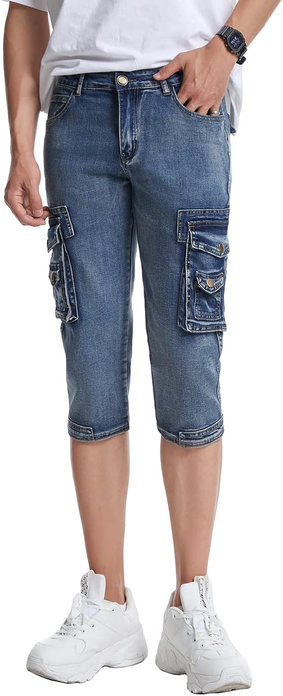 Mens Casual Cargo Patchwork Blue Denim Jeans Shorts with Zippers