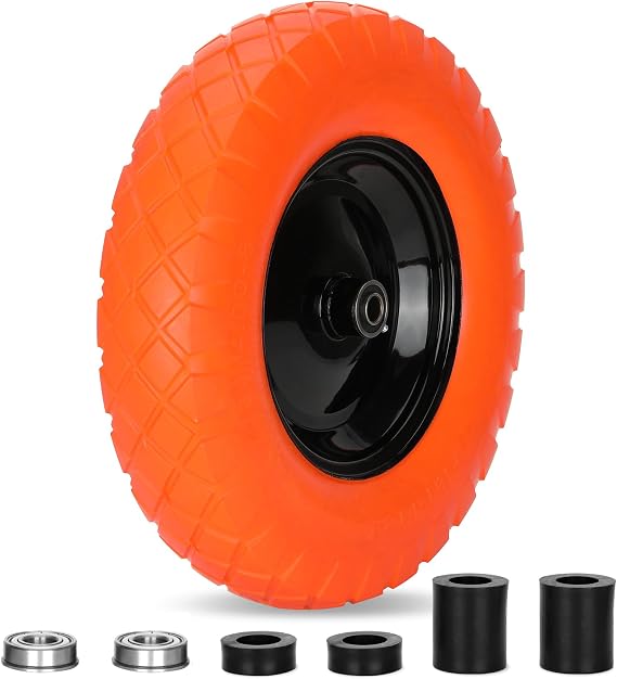 Upgraded 4.80/4.00-8 Flat Free Wheelbarrow Wheels with 5/8" & 3/4" Bearing | 16" Solid Wheelbarrow wheel and Tires with 3" Hub Length, Fit for Wheelbarrows/Garden Trailers , Static Load Non-Deforming