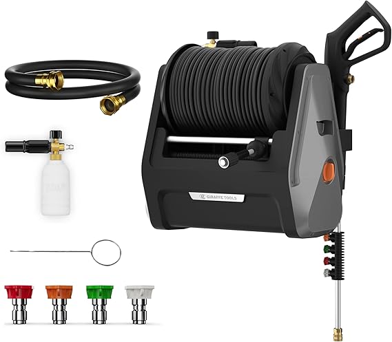Giraffe Tools Grandfalls Pressure Washer Wall Mount, Electric Power Washer Wall Mount with 100FT Retractable Hose, Soap Tank and 4-Nozzle Set, Car Washer for HomeCarDrivewayPatio